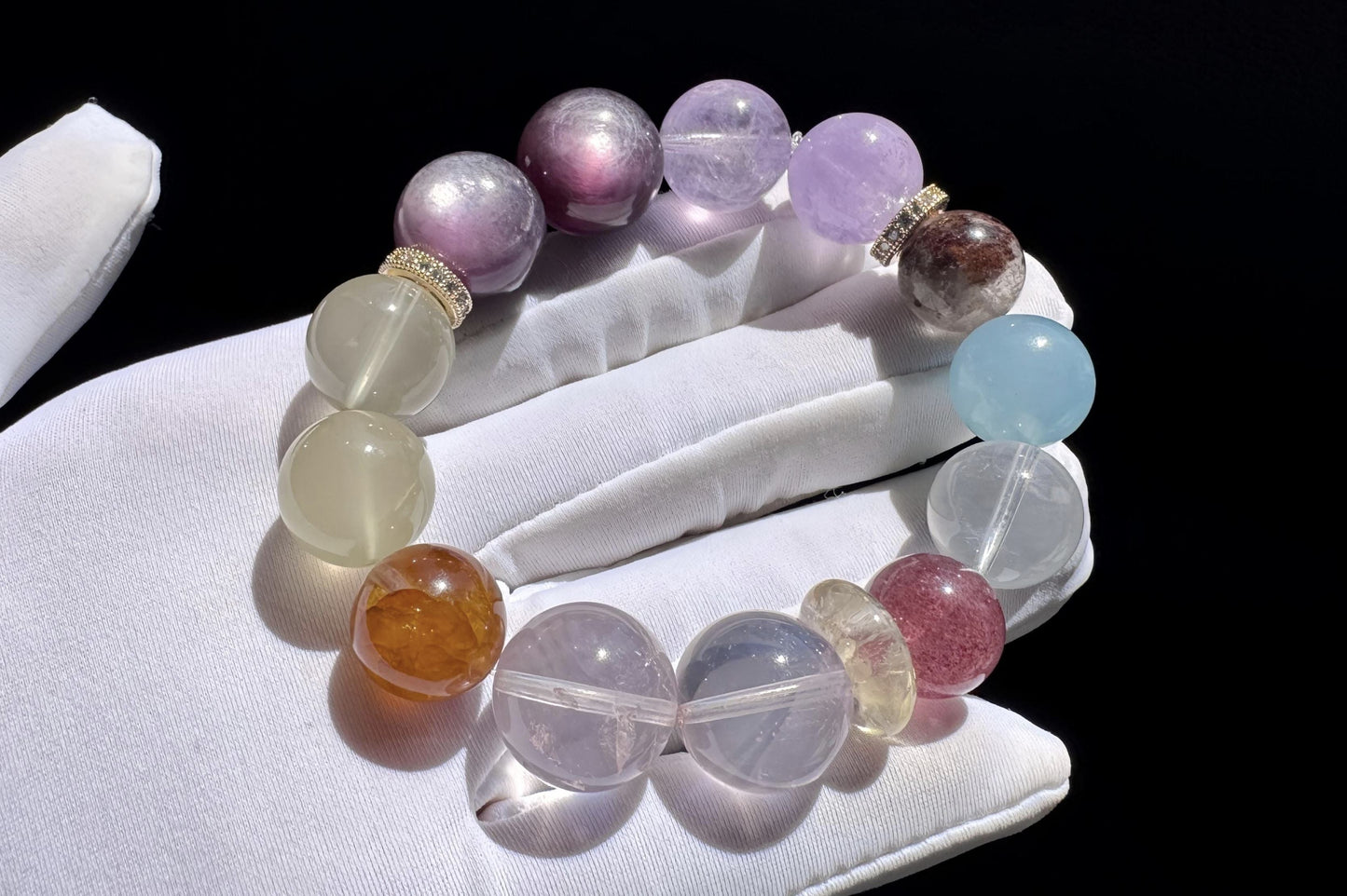Natural Multi-gemston Bracelet, Rose Quartz Aquamarine Beaded Bracelet, 天然猫眼紫锂辉搭配海蓝宝粉晶葡萄石手串