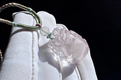 Certified Natural Mozambique Rose Quartz Hand Carved Pixiu Pendant, Rose Quartz Pixiu, 天然莫桑比克粉晶手工雕刻招财貔貅吊坠