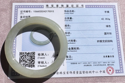 52mm Certified Natural Nephrite Bangle in Light Green Color, Nephrite Jade Bangle, 天然绿底晴水玉手镯