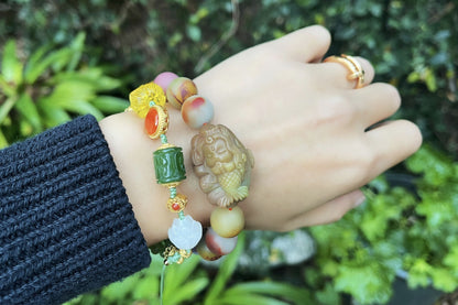 Natural Raw Yan Yuan Agate with Stone Skin Beaded Bracelet and Hand Carved Yan Yuan Agate Mermaid, 原矿包浆盐源手串搭配手工雕刻盐源美人鱼