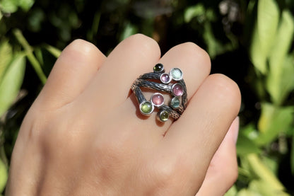 Natural Rainbow Tourmaline in Premium S925 Thick Silver Handmade Ring, Mermaid Tourmaline Ring, 天然巴西老料美人鱼色系碧玺肌理枝条S925厚银戒指