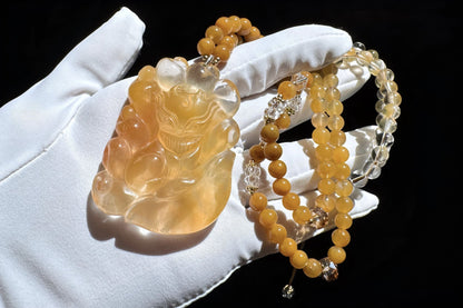 Top Grade Natural Yellow Rabbit Hair Quartz Hand Carved Nine Tailed Fox Pendant Necklace, 天然精品黄兔毛水晶手工精雕九尾狐吊坠