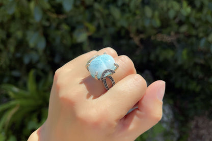 Natural Dominican Blue Larimar In 925 Silver Ring, 天然多米尼加海纹石镶嵌925银戒指