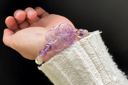 Natural High Grade Brazilian Amethyst Hand Carved Butterfly Nine Tailed Fox and Amethyst Beaded Bracelet, 天然精品巴西紫水晶手工精雕九尾狐蝴蝶搭配紫水晶手串