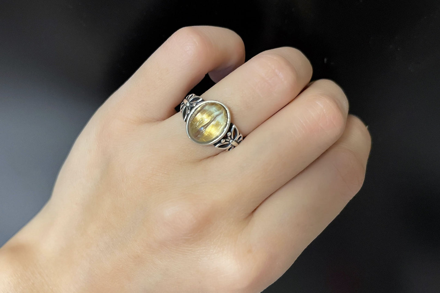 Top Grade Natural Golden Rutile Quartz Ring S925 Setting, Natural Golden Rutilated Quartz Ring, 天然钛晶板钛猫眼戒指925纯银戒托