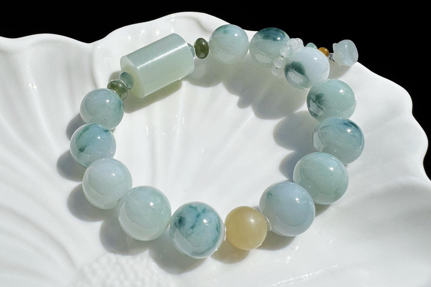 12mm Natural Grade A Jadeite Jade Bracelet with Blue Hetian Nephrite Jade Barrel, Blue Jadeite Jade with floating Blue flowers, 天然缅甸A货糯蓝底飘蓝花翡翠手串配糖玉