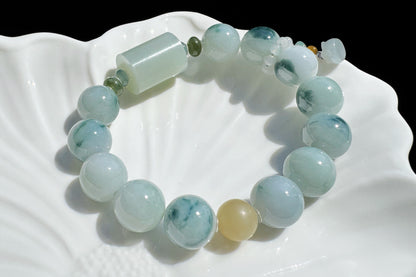 12mm Natural Grade A Jadeite Jade Bracelet with Blue Hetian Nephrite Jade Barrel, Blue Jadeite Jade with floating Blue flowers, 天然缅甸A货糯蓝底飘蓝花翡翠手串配糖玉