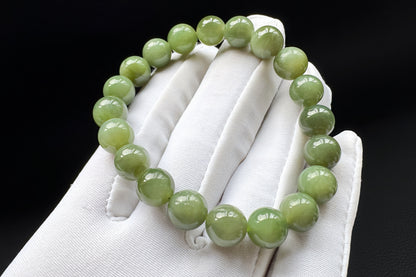 9mm Natural Dark Green Nephrite Beaded Bracelet, Untreated Chatoyancy Nephrite Jade Beads, 天然和田玉碧玉圆珠手串