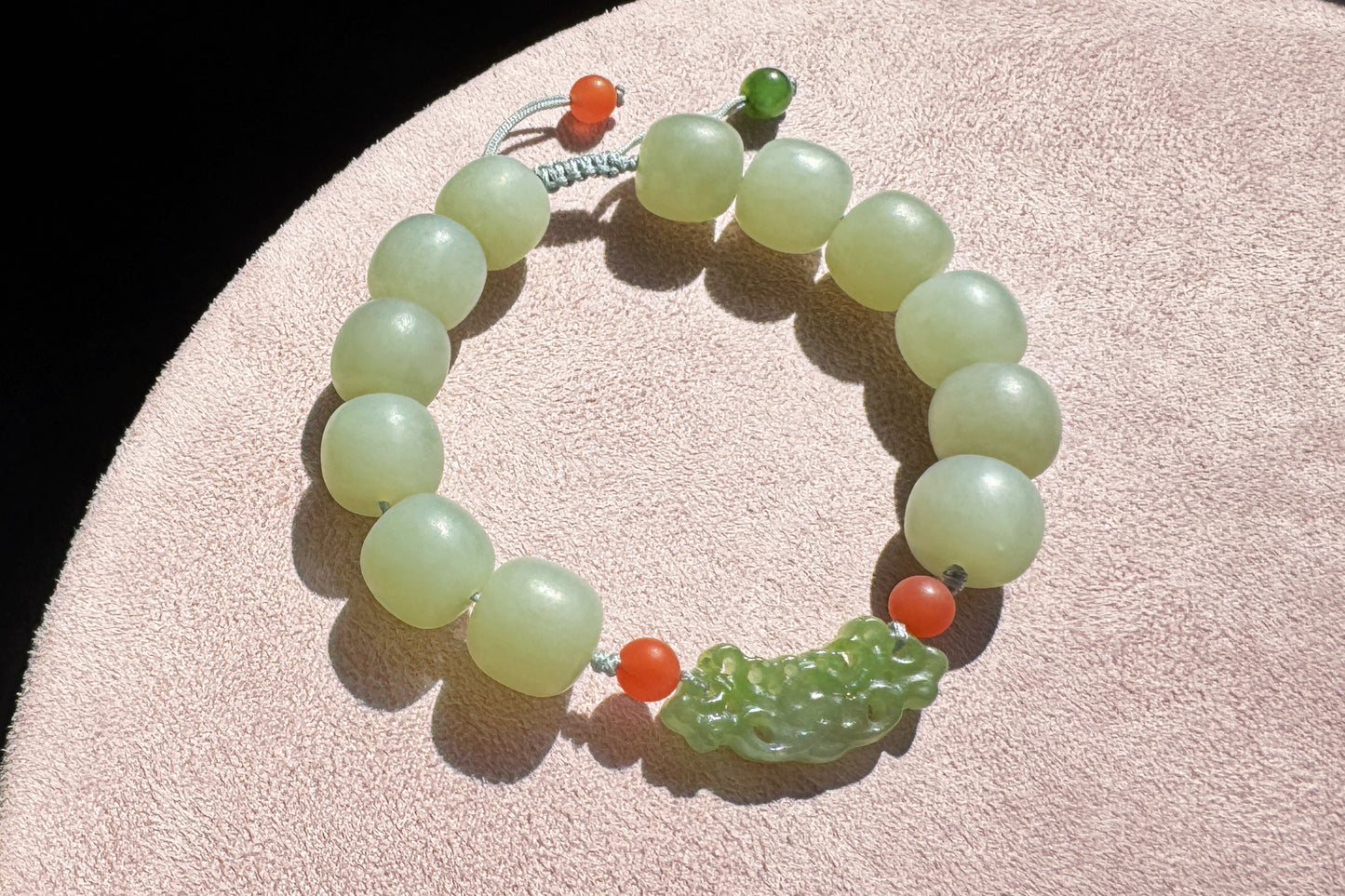 Natural Milky Blue Hetian Nephrite Beaded Bracelet with Green Nephrite Hand Carved Charm, Nephrite Jade Bracelet, 天然奶蓝色和田玉手串搭配碧玉手工雕刻回纹扣