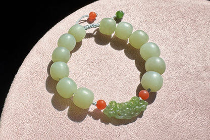 Natural Milky Blue Hetian Nephrite Beaded Bracelet with Green Nephrite Hand Carved Charm, Nephrite Jade Bracelet, 天然奶蓝色和田玉手串搭配碧玉手工雕刻回纹扣