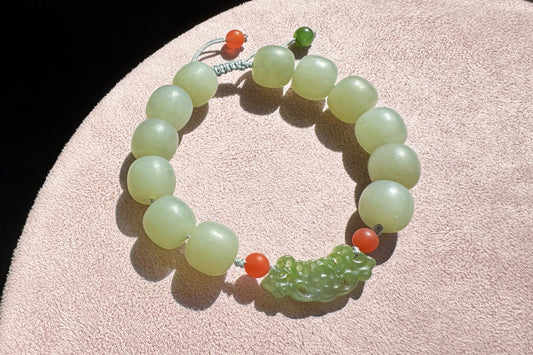 Natural Milky Blue Hetian Nephrite Beaded Bracelet with Green Nephrite Hand Carved Charm, Nephrite Jade Bracelet, 天然奶蓝色和田玉手串搭配碧玉手工雕刻回纹扣