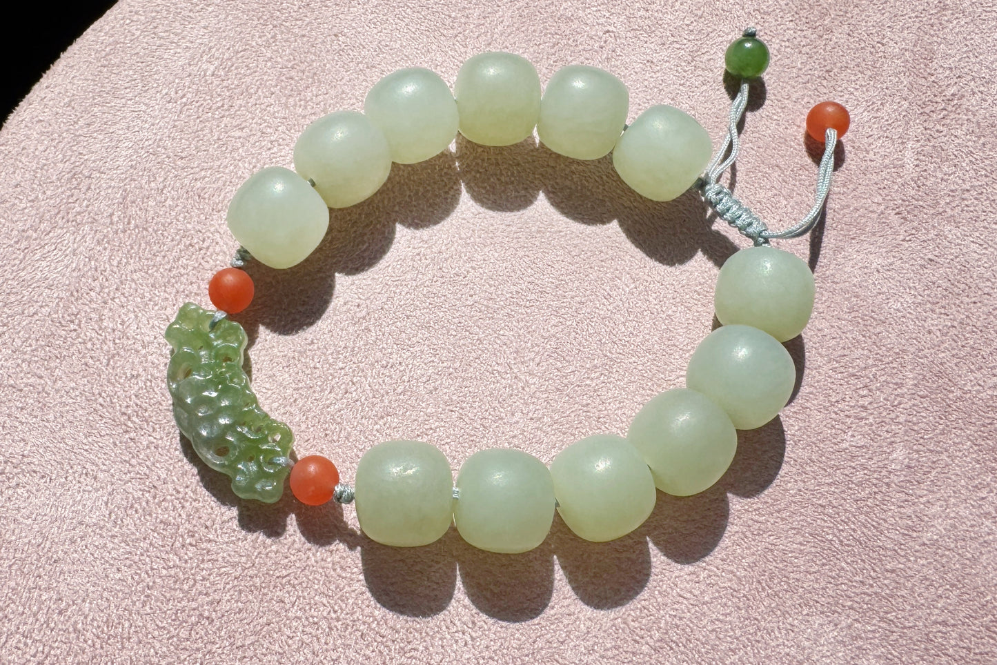 Natural Milky Blue Hetian Nephrite Beaded Bracelet with Green Nephrite Hand Carved Charm, Nephrite Jade Bracelet, 天然奶蓝色和田玉手串搭配碧玉手工雕刻回纹扣