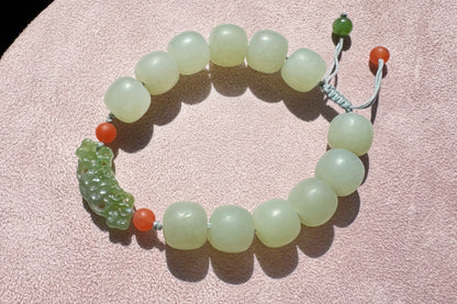 Natural Milky Blue Hetian Nephrite Beaded Bracelet with Green Nephrite Hand Carved Charm, Nephrite Jade Bracelet, 天然奶蓝色和田玉手串搭配碧玉手工雕刻回纹扣