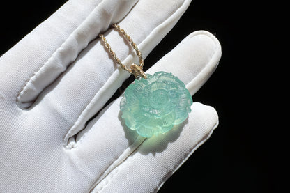 Certified Natural Green Aquamarine Carved Flower Pendant, Green Beryl with Mica inclusions, March Birthstone, 天然绿色海蓝宝雕刻花花吊坠