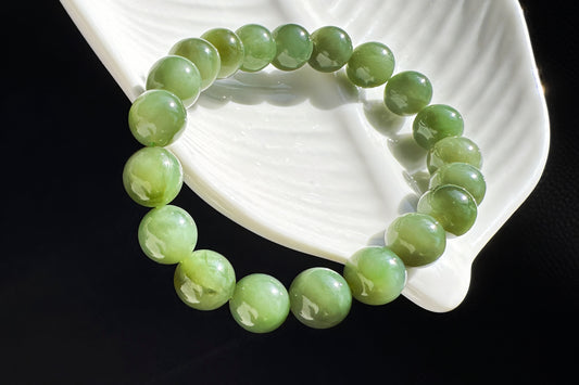 9mm Natural Dark Green Nephrite Beaded Bracelet, Untreated Chatoyancy Nephrite Jade Beads, 天然和田玉碧玉圆珠手串
