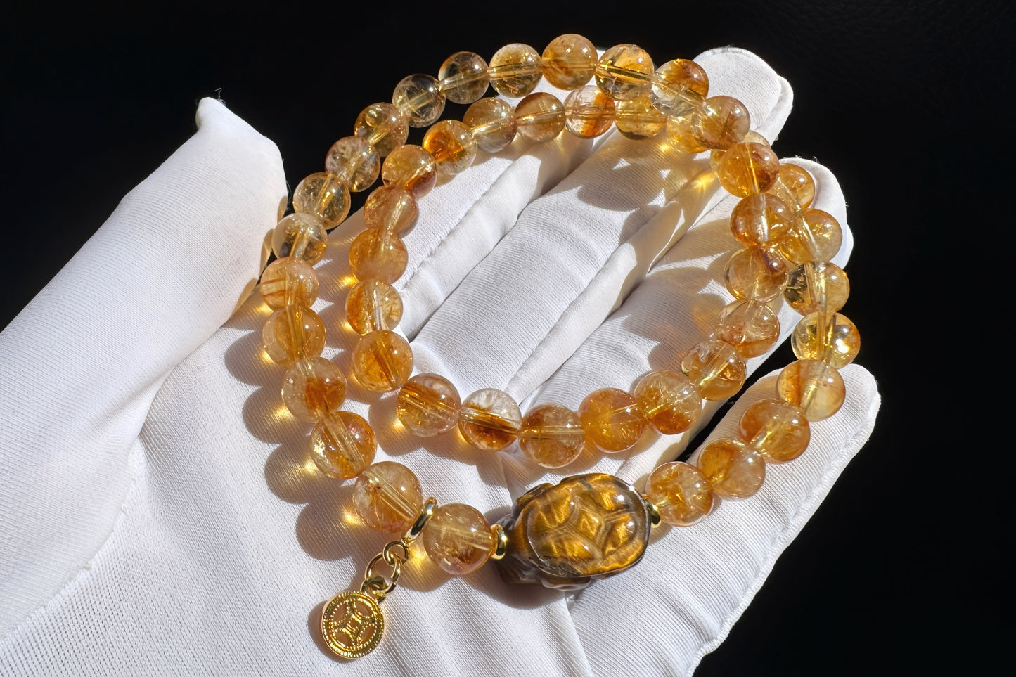 Natural Citrine Bracelet with Tiger’s Eye PiXiu Charm, Untreated Citrine Beads, 天然黄水晶双圈手串配虎眼貔貅