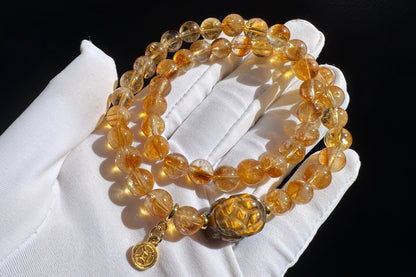 Natural Citrine Bracelet with Tiger’s Eye PiXiu Charm, Untreated Citrine Beads, 天然黄水晶双圈手串配虎眼貔貅