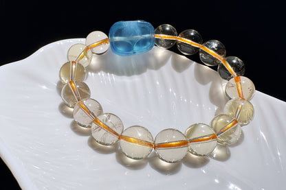 Certified Natrual Aquamarine and Lemon Citrine Bracelet, Lemon Quartz Bracelet, Aquamarine Pi-Xiu, Wealth Bracelet, 天然海蓝宝貔貅搭配柠檬黄水晶手串