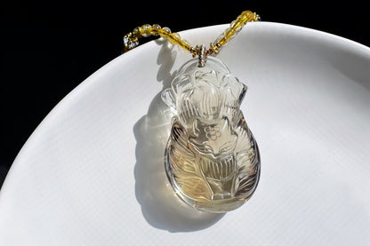 Natural Smokey Citrine Hand Carved Nine Tailed Fox and Money Bag Pendant, Smokey Citrine Necklace, 天然茶黄晶手工精雕九尾狐钱袋子吊坠