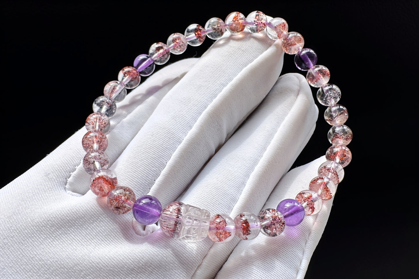 Rare Natural Pyramid Super Seven Beaded Bracelet with Super Seven Pixiu Charm, Top Grade Super Seven Bracelet, 天然招财金字塔超级七手串搭配超七貔貅