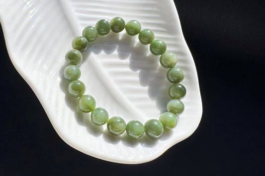 9mm Natural Dark Green Nephrite Beaded Bracelet, Untreated Chatoyancy Nephrite Jade Beads, 天然和田玉碧玉圆珠手串