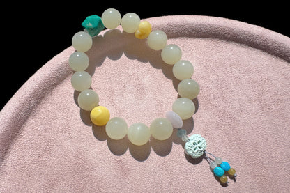 Natural Nephrite Bracelet with Faceted Turquoise, High Grade Nephrite Jade Bracet, Designer Jade Bracelet, 天然奶油晴白和田玉配松石蜜蜡