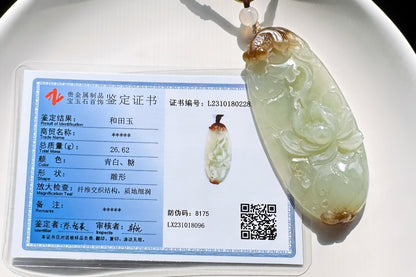 Certified Natural Hetian Sugar Brown Nephrite Hand Carved Koi Fish and Lotus Glower Pendant, 天然糖青白玉手工雕刻鱼戏荷莲吊坠天地糖