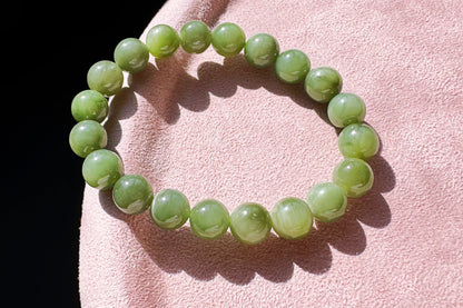 9mm Natural Dark Green Nephrite Beaded Bracelet, Untreated Chatoyancy Nephrite Jade Beads, 天然和田玉碧玉圆珠手串