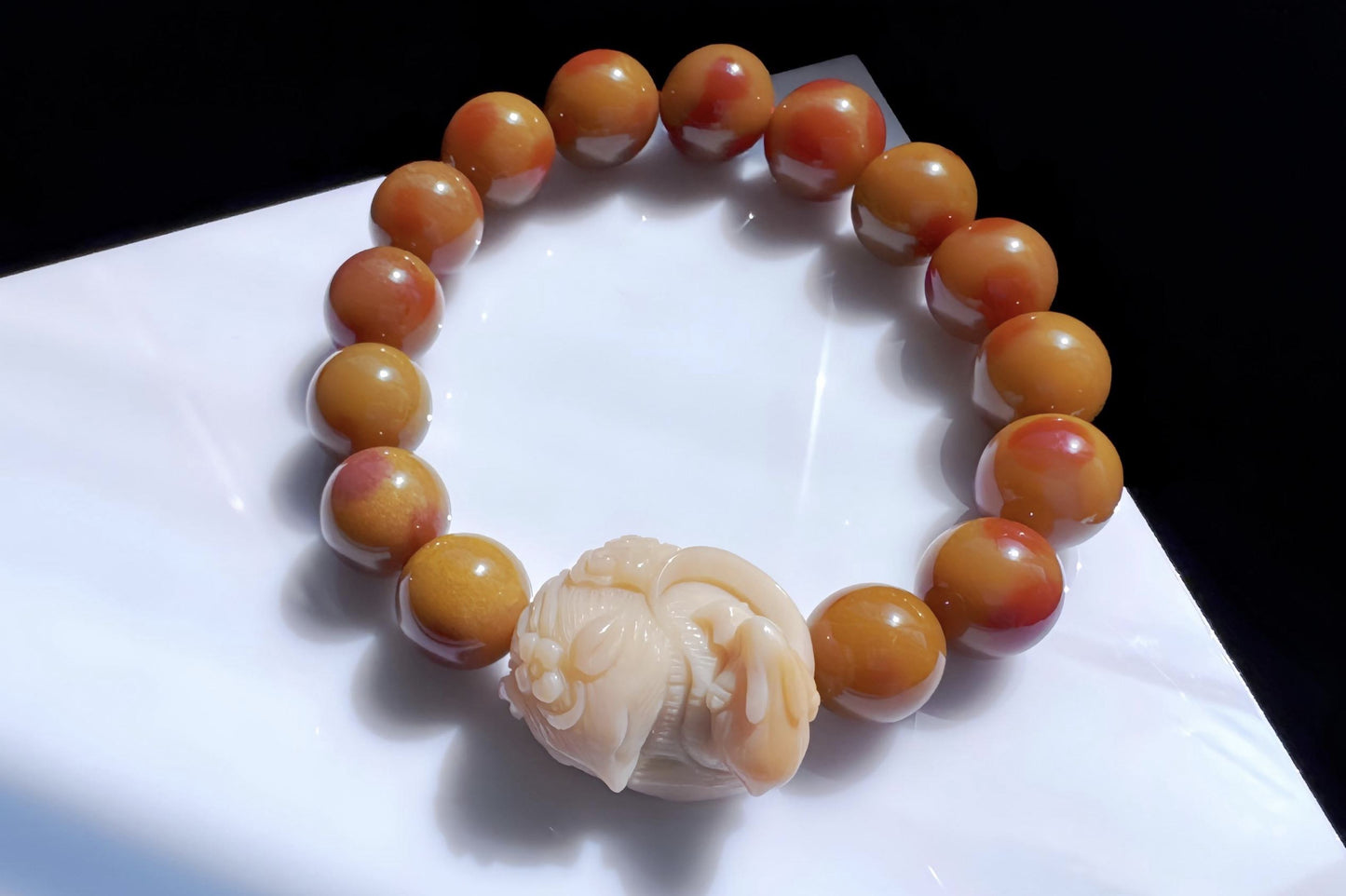 Natural Alashan Rock Beaded Bracelet with Hand Carved Alashan Nine Tailed Fox and Rabbit Charm, 天然老矿料阿拉善圆珠搭配手工精雕原矿阿拉善九尾狐