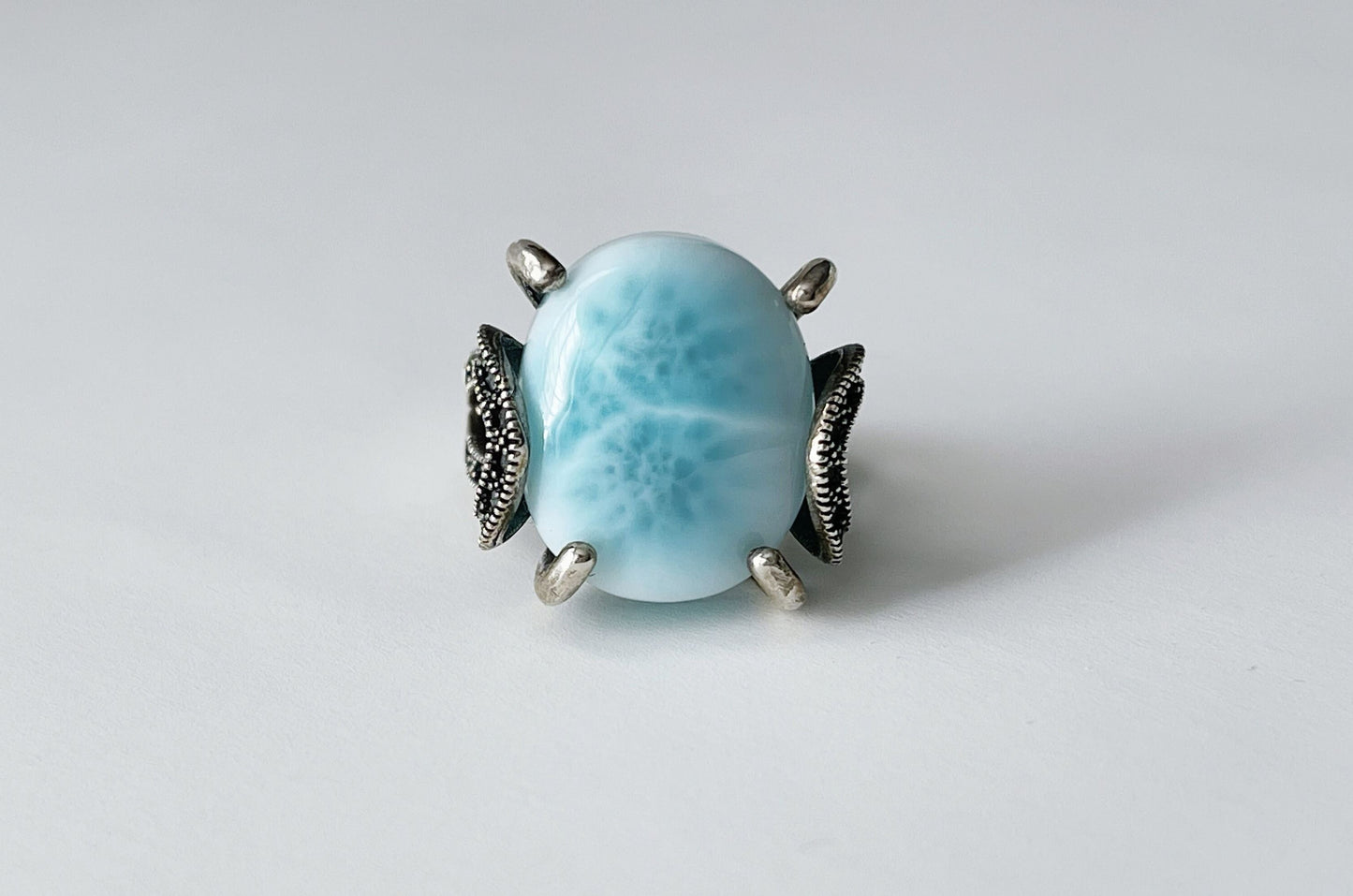 Natural Dominican Blue Larimar In 925 Silver Ring, 天然多米尼加海纹石镶嵌925银戒指