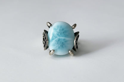 Natural Dominican Blue Larimar In 925 Silver Ring, 天然多米尼加海纹石镶嵌925银戒指