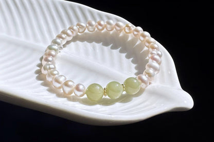 Natural Green Nephrite Jade with Freshwater Pearl Beaded Bracelet, Pearl Bracelet, 天然淡水珍珠搭配玉圆珠手串