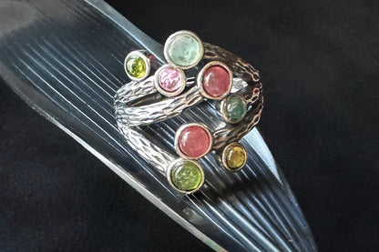 Natural Rainbow Tourmaline in Premium S925 Thick Silver Handmade Ring, Mermaid Tourmaline Ring, 天然巴西老料美人鱼色系碧玺肌理枝条S925厚银戒指