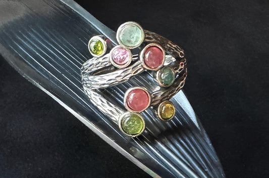 Natural Rainbow Tourmaline in Premium S925 Thick Silver Handmade Ring, Mermaid Tourmaline Ring, 天然巴西老料美人鱼色系碧玺肌理枝条S925厚银戒指