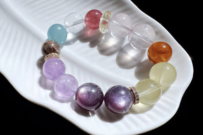 Natural Multi-gemston Bracelet, Rose Quartz Aquamarine Beaded Bracelet, 天然猫眼紫锂辉搭配海蓝宝粉晶葡萄石手串