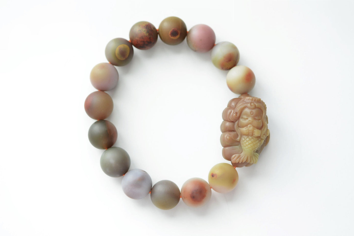 Natural Raw Yan Yuan Agate with Stone Skin Beaded Bracelet and Hand Carved Yan Yuan Agate Mermaid, 原矿包浆盐源手串搭配手工雕刻盐源美人鱼