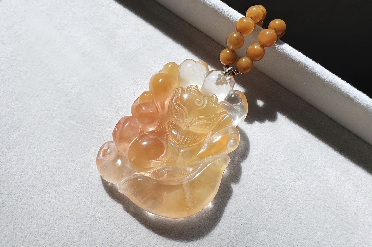 Top Grade Natural Yellow Rabbit Hair Quartz Hand Carved Nine Tailed Fox Pendant Necklace, 天然精品黄兔毛水晶手工精雕九尾狐吊坠