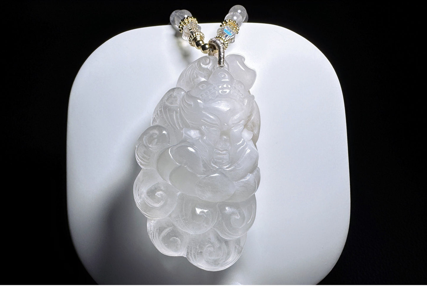 Large Natural White Rabbit Hair Quartz Hand Carved Nine Tailed Fox Pendant, High Grade White Rabbit Hair Necklace, 天然精品白兔毛手工精雕九尾狐吊坠