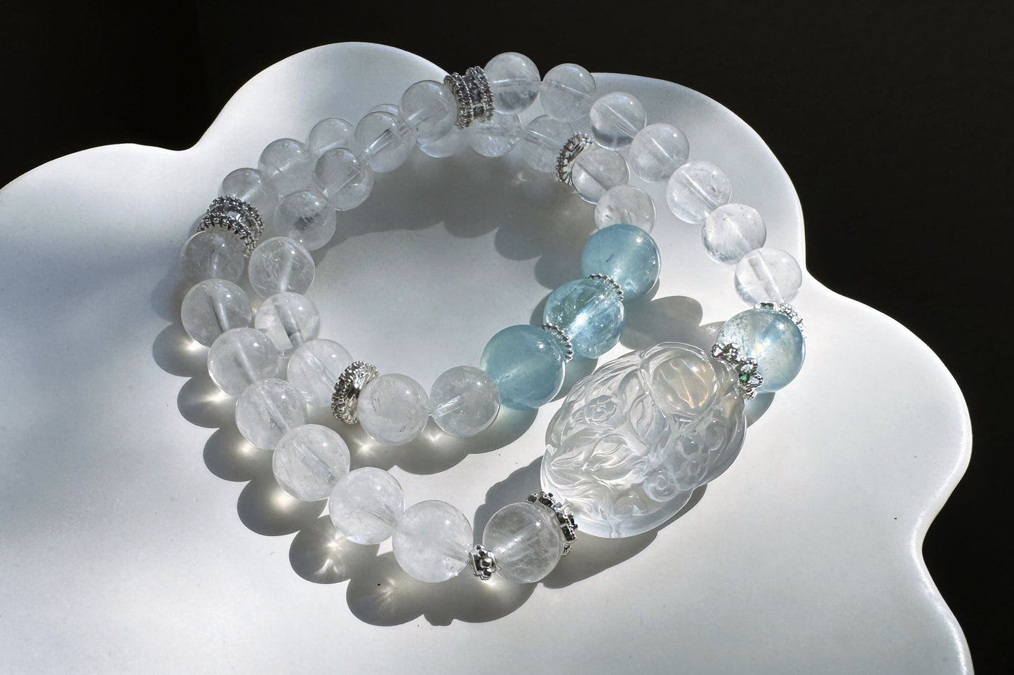 Rare Natural Blue Rabbit Hair Rutile Quartz Carved Nine Tailed Fox with Aquamarine and White Phantom Bracelet, 天然蓝兔毛九尾趴趴狐海蓝宝白幽灵手串