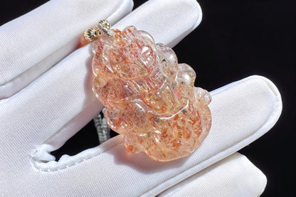 Natural Arusha Sunstone Hand Carved Nine Tailed Fox Pendant, Carved Confetti Sunstone Fox, 天然阿鲁沙水晶手工雕刻九尾狐双狐吊坠