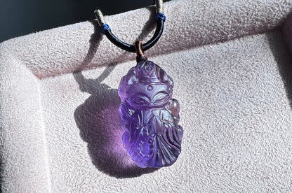 Certified Top Grade Natural Brazilian Amethyst Hand Carved Fox Spirit Pendant, Deep Purple Amethyst Fox Necklace, 天然浓郁巴西紫水晶手工精雕狐仙吊坠