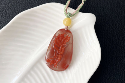 Natural Nanhong South Red Agate Hand Carved Nine Tailed Fox Pendant, Carved Nanhong Agate Fox, 天然原矿川料南红手工精雕九尾狐吊坠
