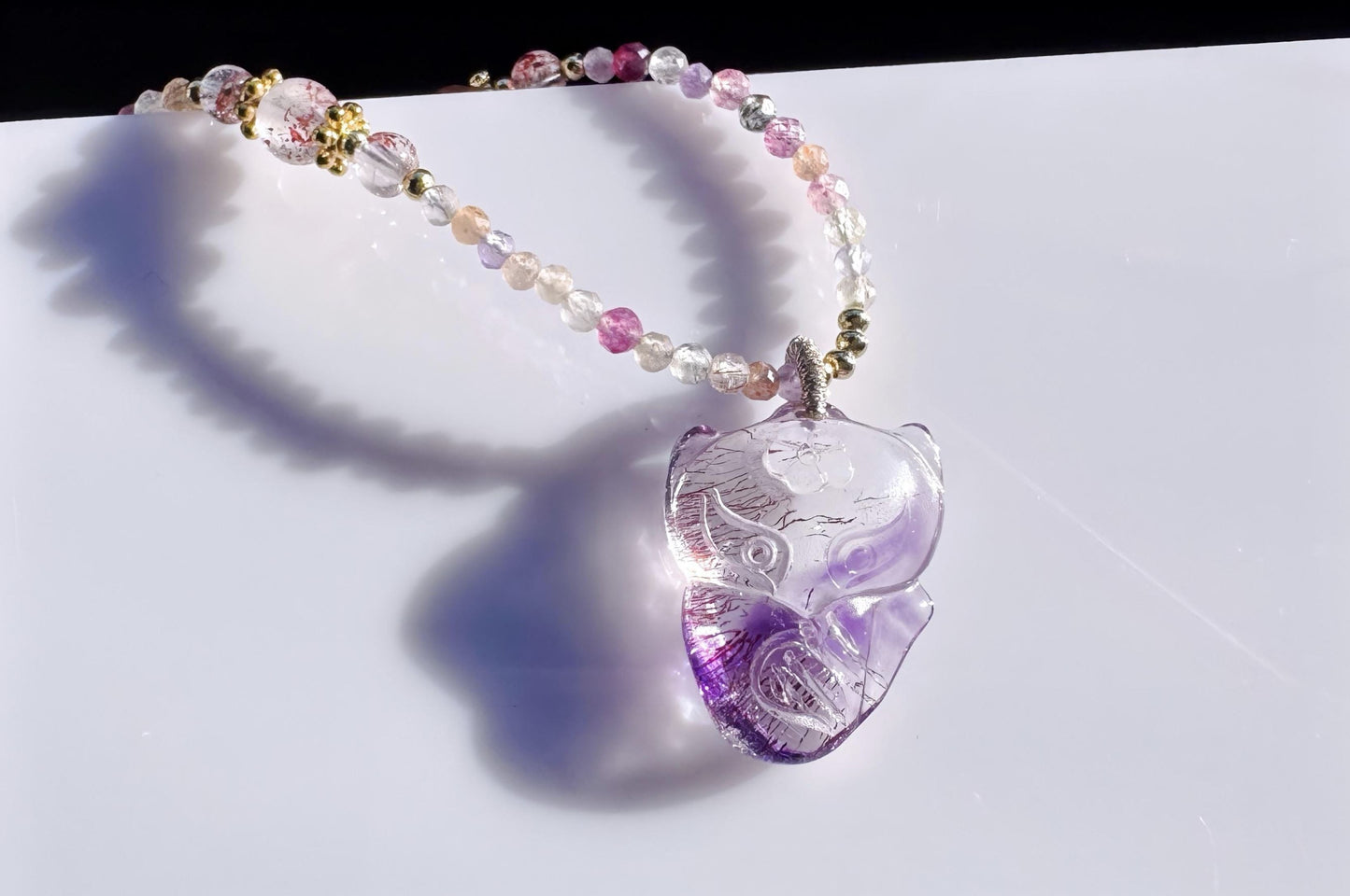 High Grade Natural Super Seven Hand Carved Fox Pendant, Super Seven Crystal Fox Necklace, 天然精品超级七手工雕刻九尾狐吊坠