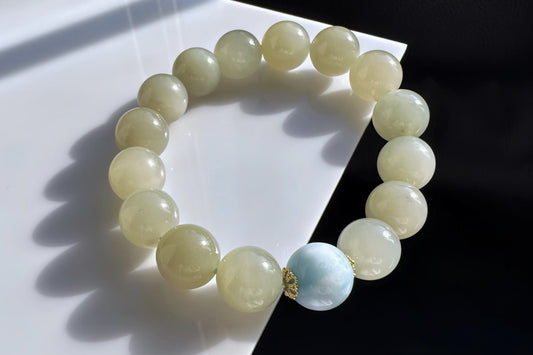 Natural Nephrite Beaded Bracelet with Dominican Larimar Bead, Nephrite Jade Bracelet, 天然软玉手串搭配海纹石