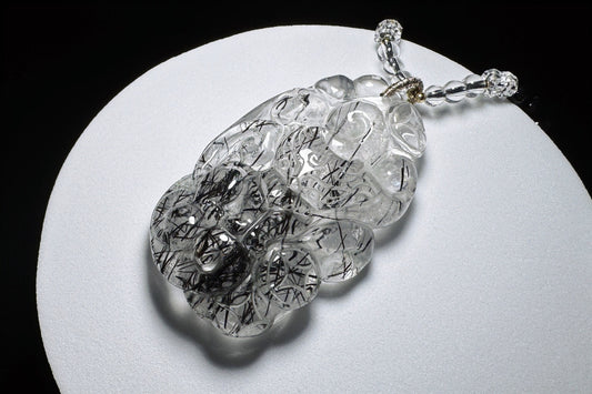 Natural Black Rutile Quartz Hand Carved Nine Tailed Fox Pendant, Black Rutilated Quartz Crystal Fox, 天然精品黑发晶手工雕刻九尾狐吊坠