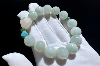 12mm Natural Grade A Jadeite Jade Bracelet with Mutton Fat Nephrite Jade, Blue Turquoise, Blue Jadeite Jade, 天然缅甸A货蓝底绿花翡翠细糯种手串羊脂白玉绿松