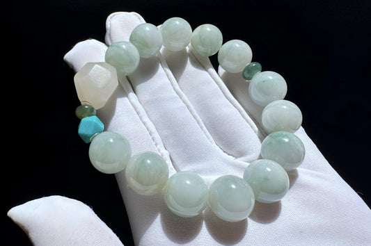 12mm Natural Grade A Jadeite Jade Bracelet with Mutton Fat Nephrite Jade, Blue Turquoise, Blue Jadeite Jade, 天然缅甸A货蓝底绿花翡翠细糯种手串羊脂白玉绿松