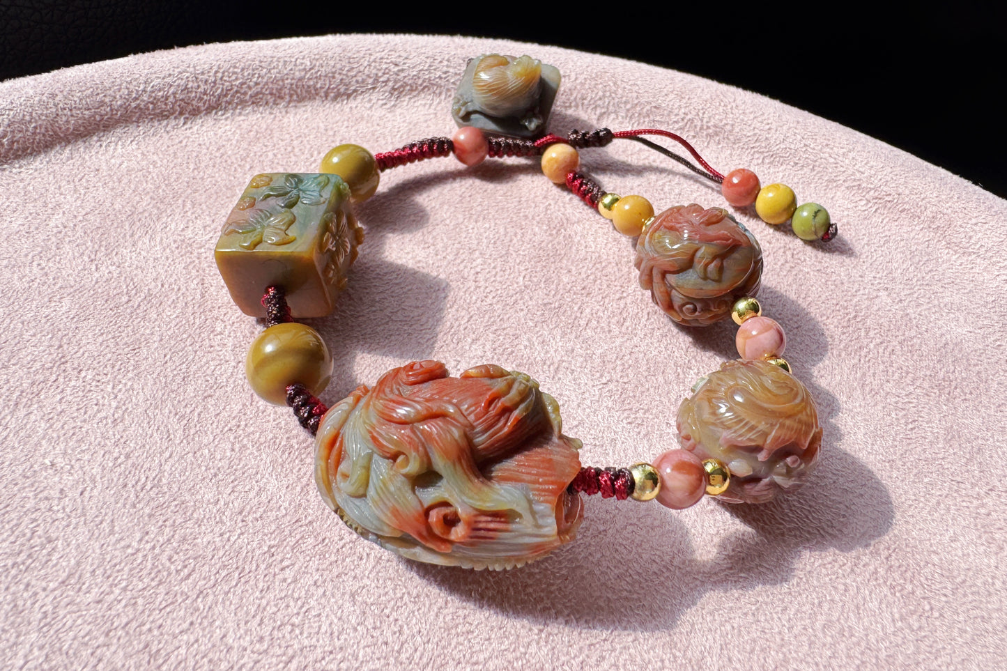 Natural Multi-color Old Mine Alashan Agate Hand Carved Charms Braided Bracelet, Alasha Bracelet, Carved Agate, 天然原矿老料阿拉善手工精雕狐狸手编手链