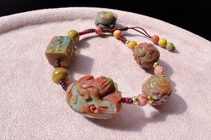 Natural Multi-color Old Mine Alashan Agate Hand Carved Charms Braided Bracelet, Alasha Bracelet, Carved Agate, 天然原矿老料阿拉善手工精雕狐狸手编手链