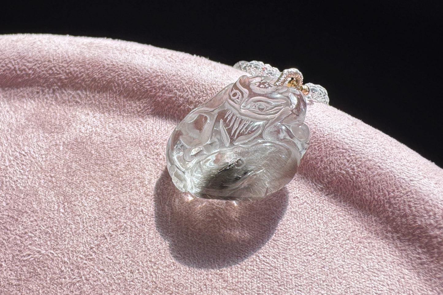 Natural Brookite Silver Rutilated Quartz Hand Carved Nine Tailed Fox Pendant, Silver Rutile Titanium Quartz Fox, 天然黑银钛晶手工精雕九尾狐吊坠
